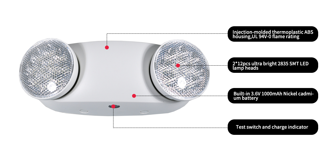 Injection-molded thermoplastic ABS housing,UL 94V-0 flame rating2*12pcs ultra bright 2835 SMT LED lamp headsBuilt-in 3.6V1000mAh Nickel cadmium batteryTest switch and charge indicator